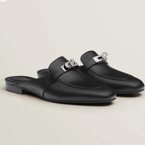 HERMES $1375 PRE-OWNED EXCELLENT EZ MULES SIZE 38 EU- US 7.5 NOIR WITH PALLADIUM